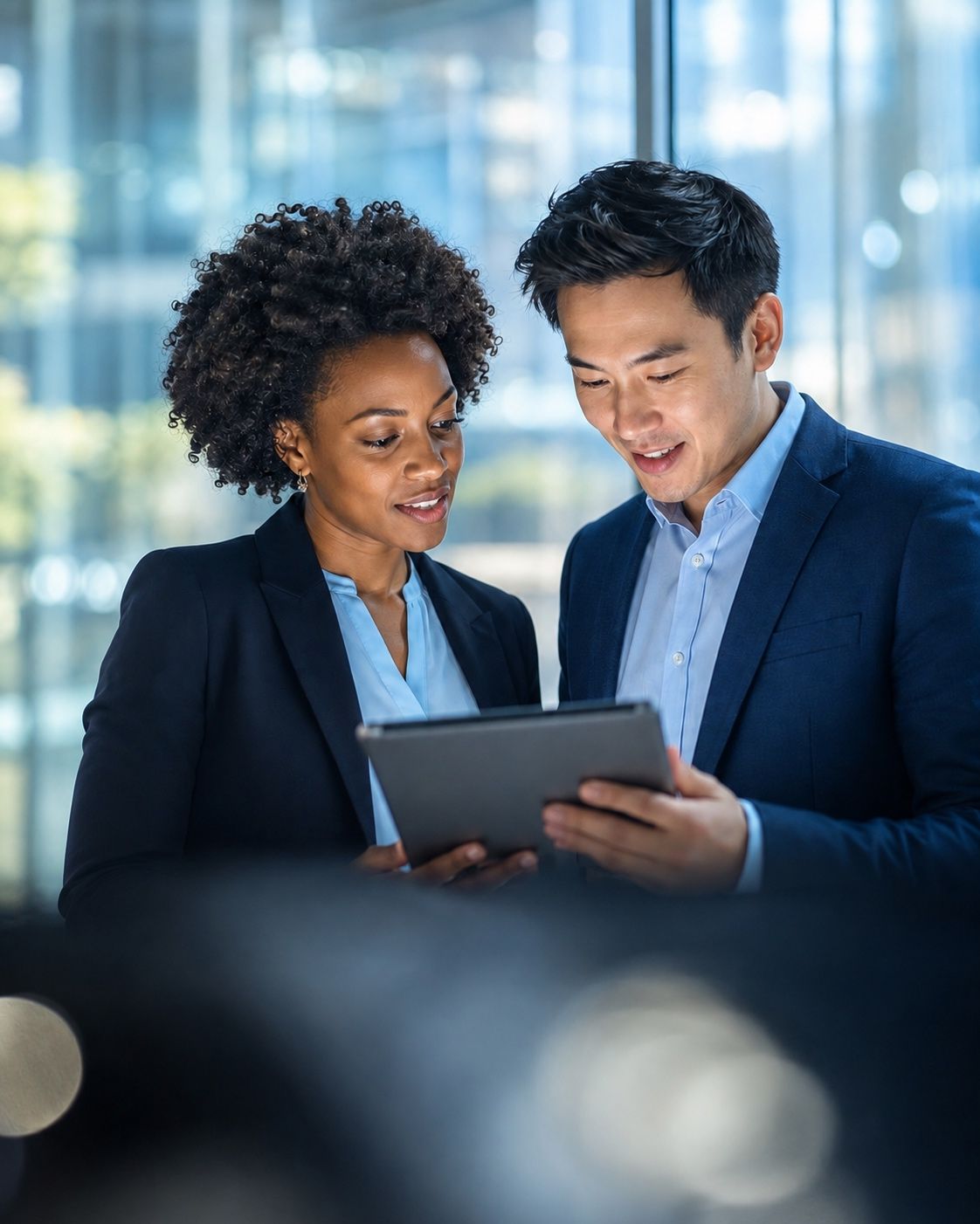 Two colleagues discussing a tablet in a bright office with soft daylight bokeh