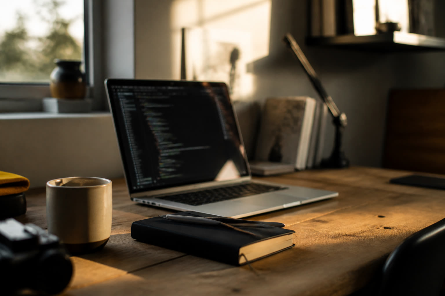 Workshop desk with a laptop in afternoon light