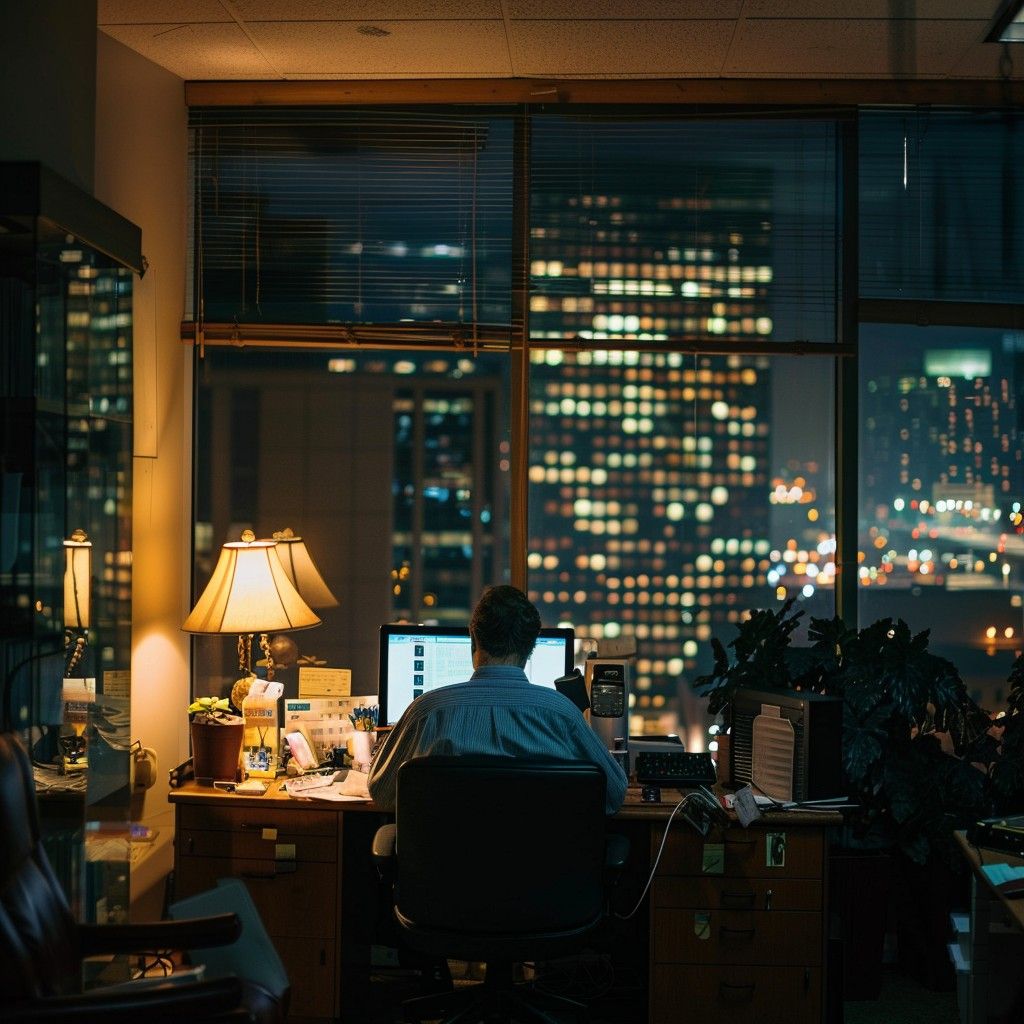 A professional at a desk overlooking softly glowing city lights at night