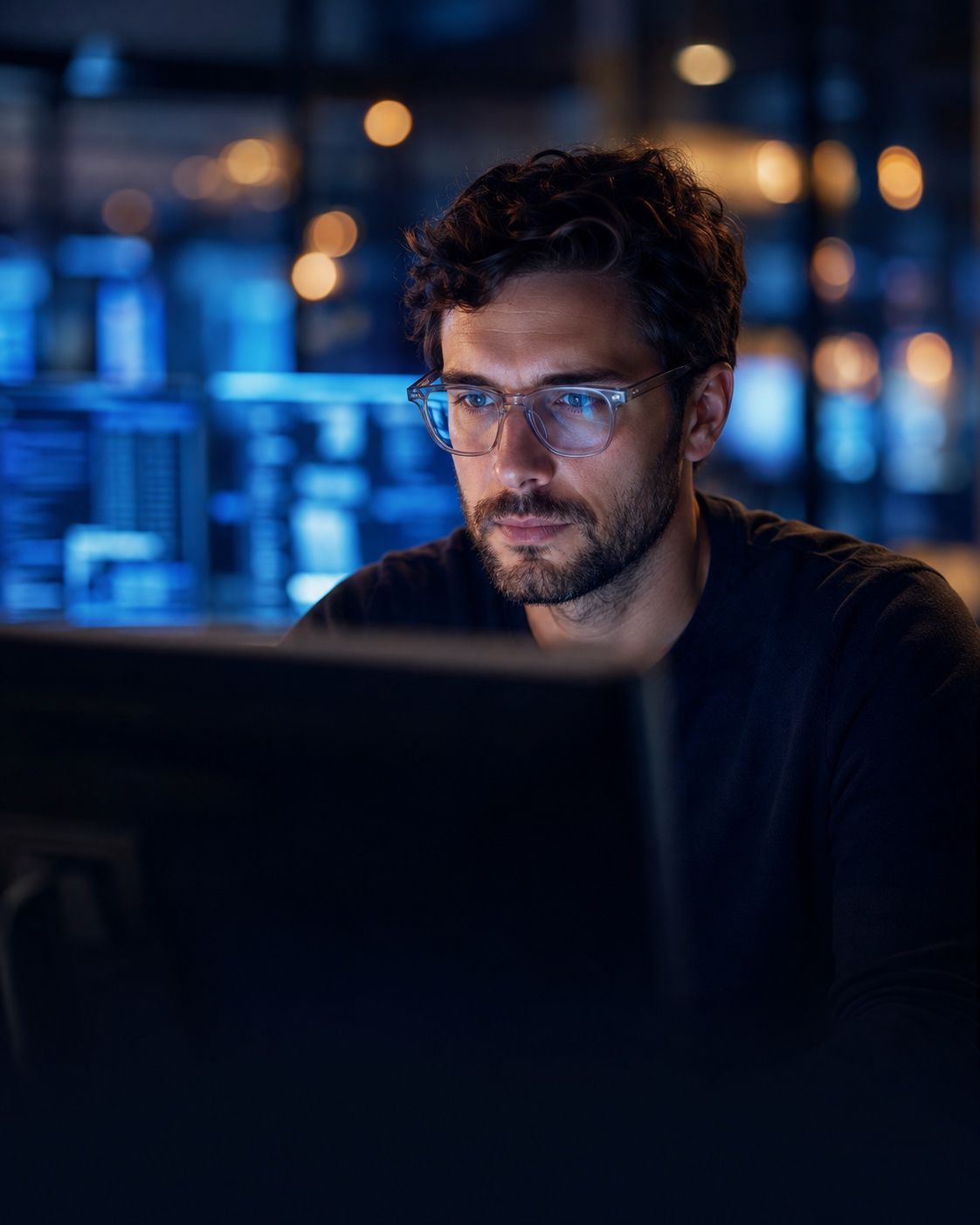 An engineer examining a monitor, with blue screen light and soft amber bokeh