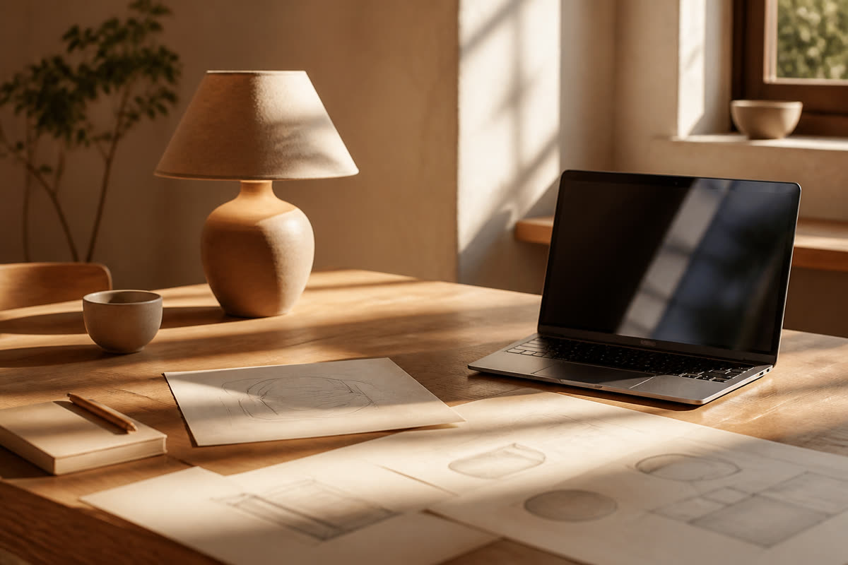 Sunlit studio table with sketches and a laptop