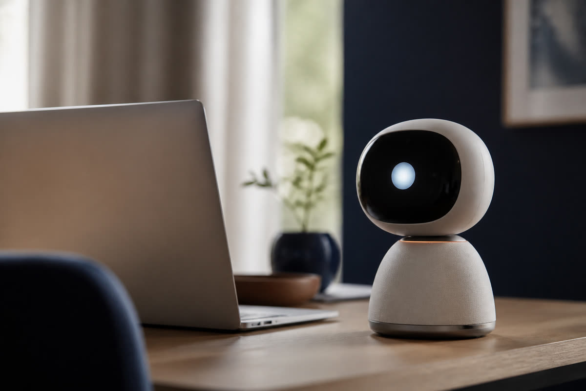 Small desktop companion robot beside a laptop