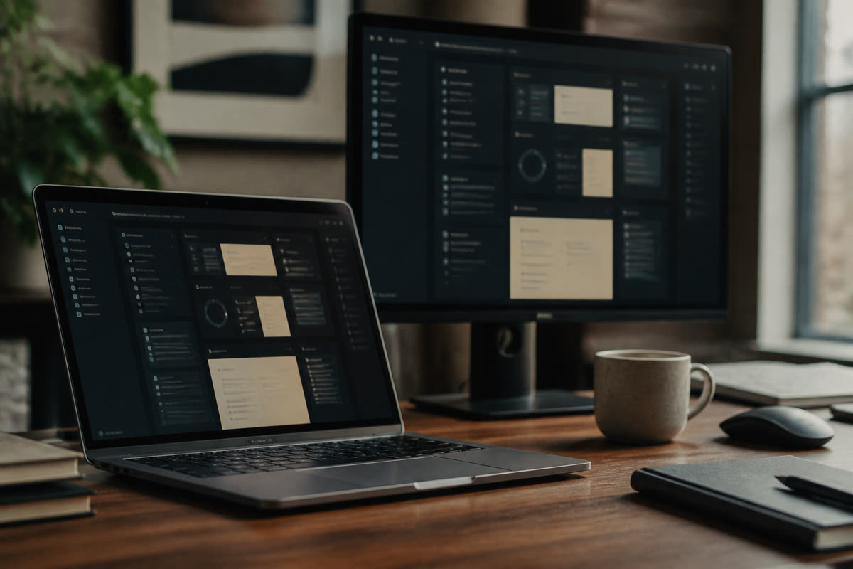 Laptop and monitor on a wooden desk